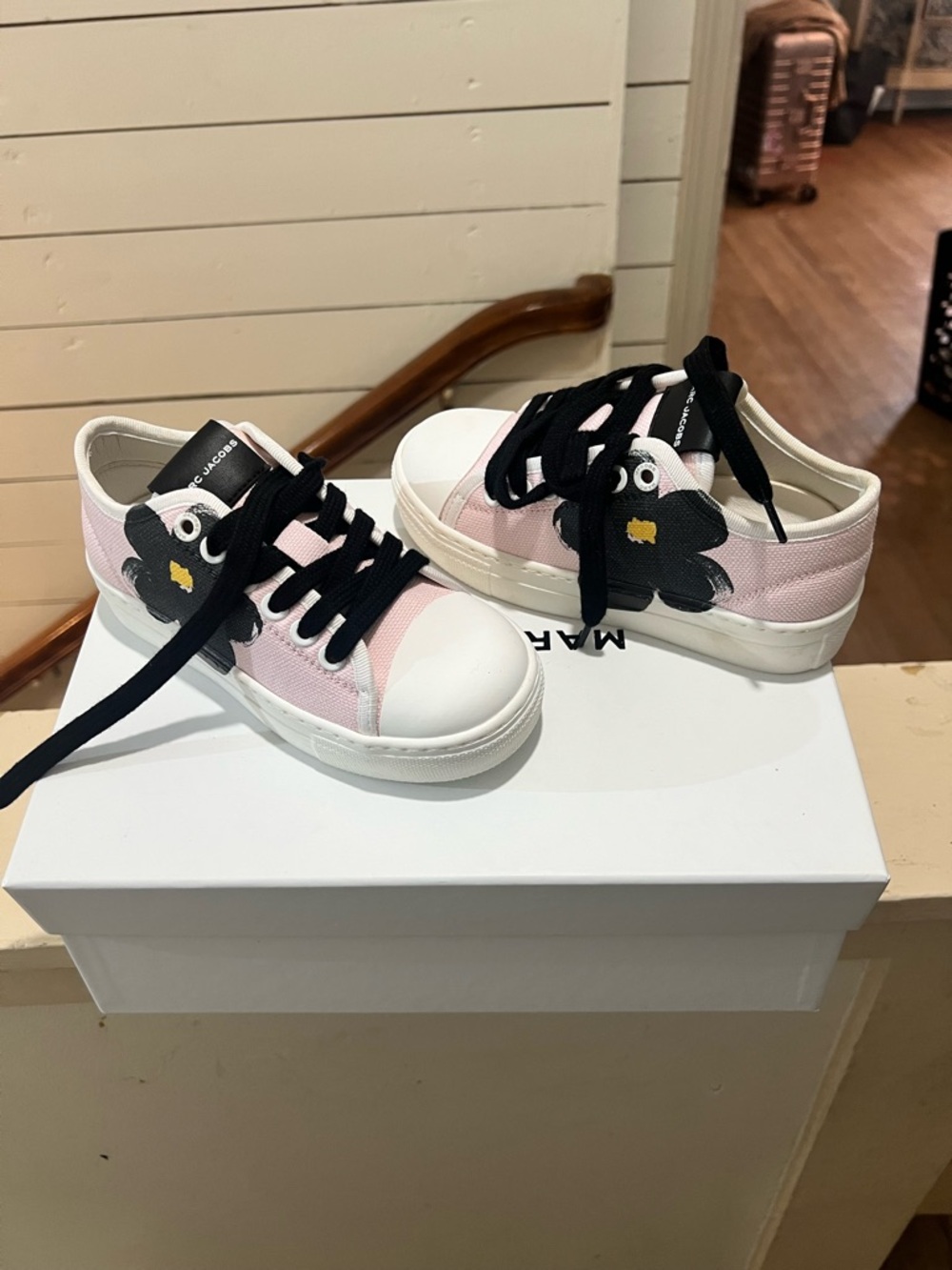 Marc Jacobs Pink Canvas Kids Sneakers with Black Flower Accent